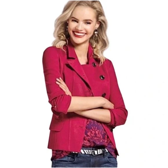 CAbi The Outing Asymmetrical Tailored Ponte Blazer Size 6 Deep Rhubarb Pockets - Picture 1 of 13